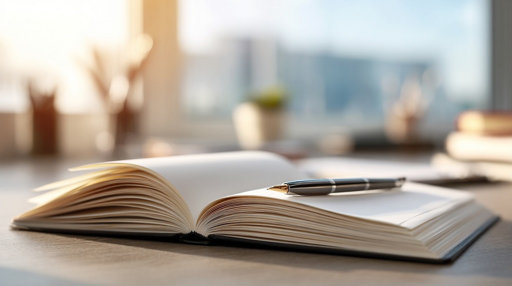 Hemijska olovka na otvorenoj svesci u kojoj je napisana skripta biografije